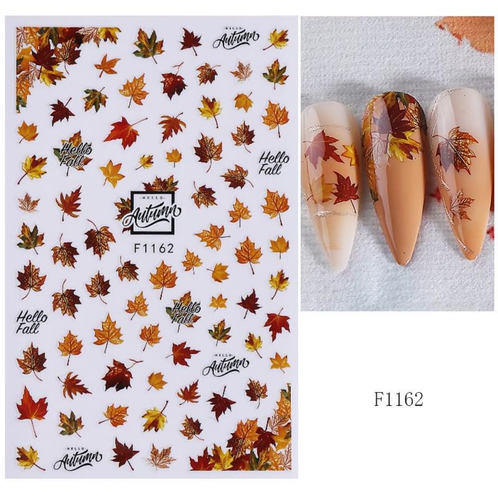 Fall Nail Stickers Mushroom Leaf Nail Art Stickers 3D Self Adhesive Maple Leaves Elk Nail Decals Autumn Thanksgiving Day Nail Art Supplies Orange Yellow Nail Design for Women 6 Sheets
