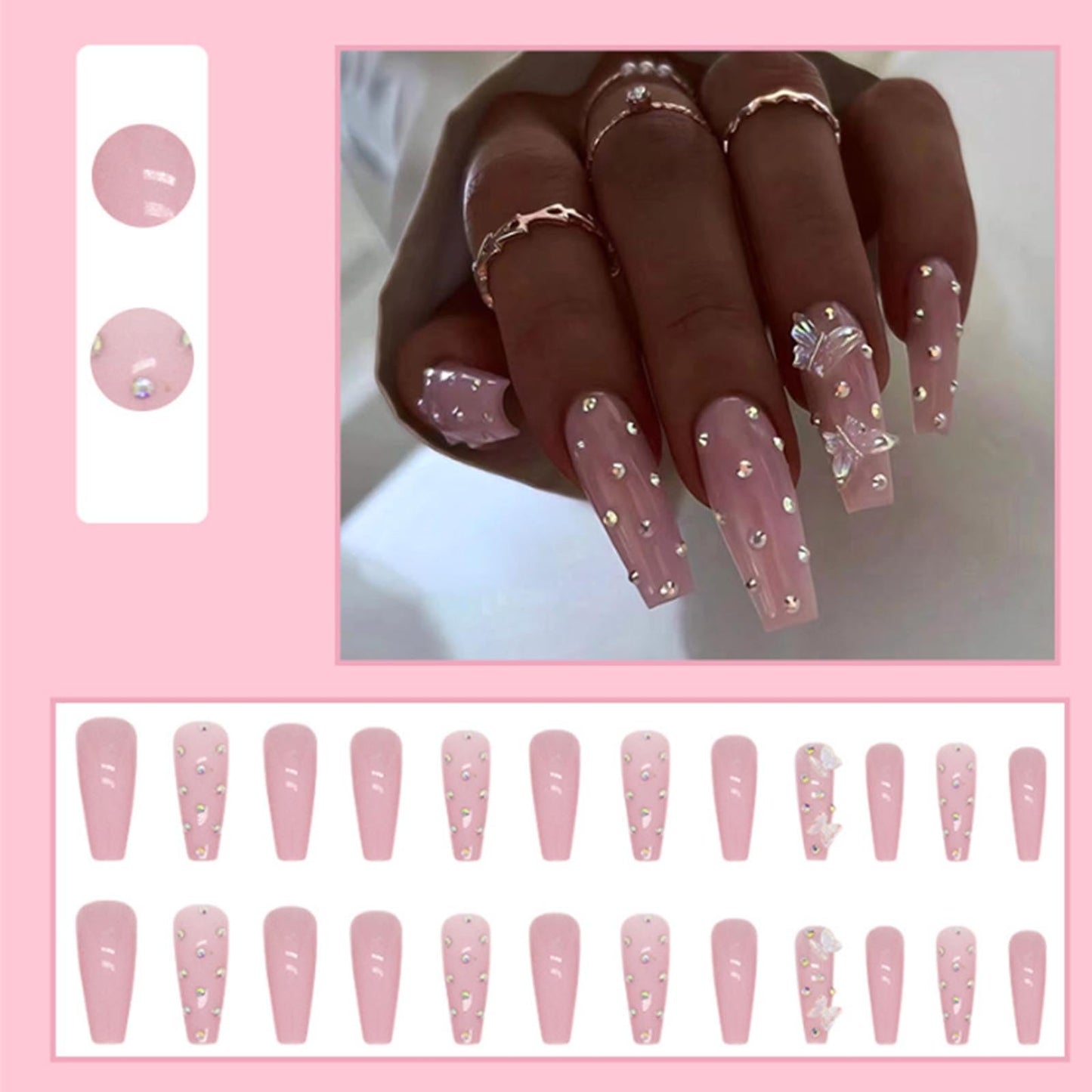 YoYoee Crystal Gem Design Nails Tips Long Coffin False Nails Nude Press on Nails Full Cover Cute Butterfly Fake Nails for Women and Girls 24PCS
