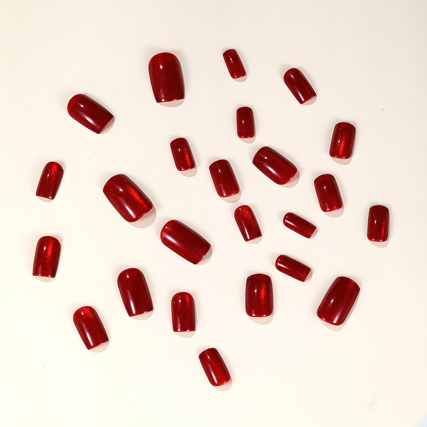 Red Press on Nails Fake Nails Short Square False Nails with Glitter Glossy Full Cover Glue on Nails Wine Red Reusable Artificial Stick on Nails for Women Girls Nail Manicure Decoration 24pcs