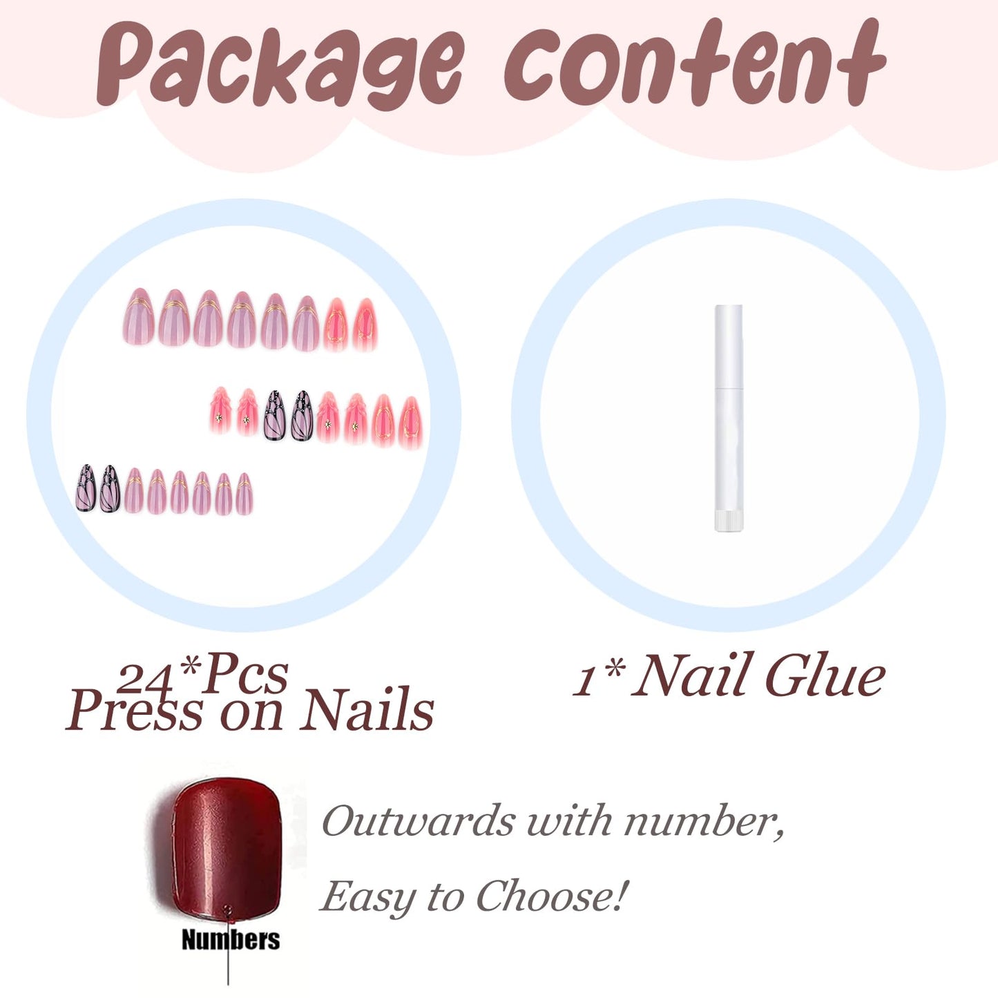 BABALAL Press On Nails, Medium Almond Fake Nails, Pink Purple Cat Eye Ombre With Gold Star & Butterfly, Y2k Summer Bling Shiny Full Cover Glue On Nails 24Pcs