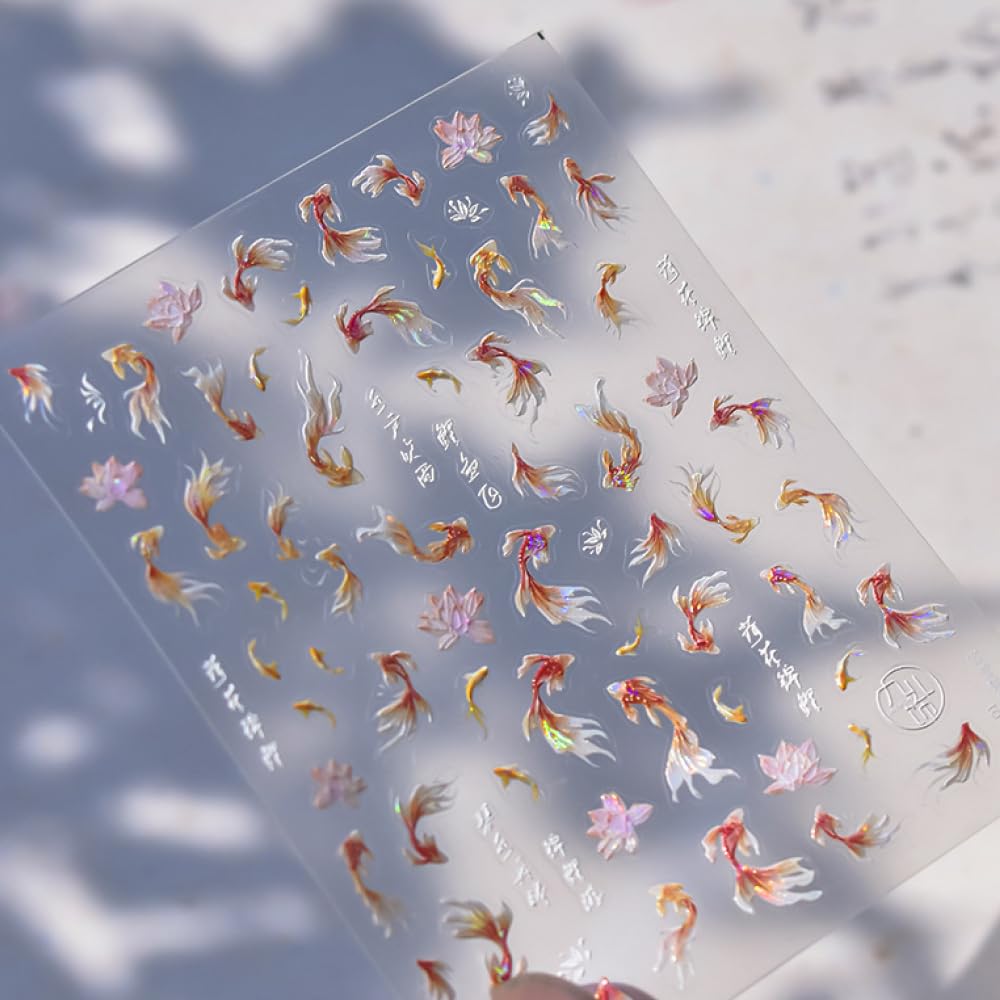 Golden Koi Fish Nail Stickers 5D Embossed – Premium Salon-Quality Nail Charm Accessories, Easy Application & Self-Adhesive Red Koi Lotus Sticker for DIY Manicure, Nail Art, Press on, Home or Salon Use