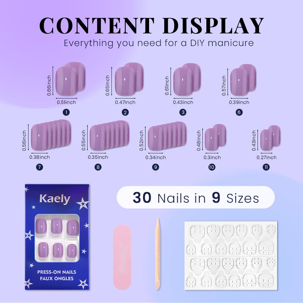 evpct Violet Purple Glossy Squoval Short Press on Nails for Women, Purple Extra Short Squoval No Glue Stick on Nails with Kit, Reusable Full Cover Soft Press on Fake Nail Salon-quality Perfectly Fit