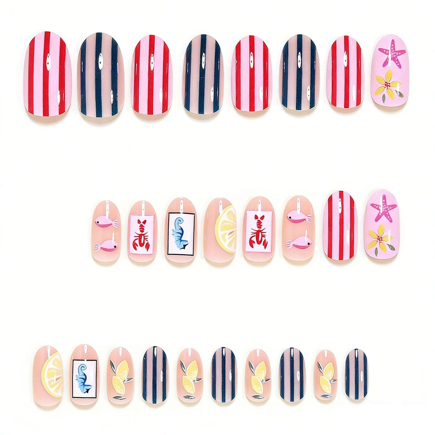 Flowers Press on Nails Flowers Medium Almond False Nails with Starfish Stripe Fish Seahorse Design Full Cover Glue on Nail Summer Ocean Reusable Acrylic Fake Nails Artificial Stick on Nail for Women