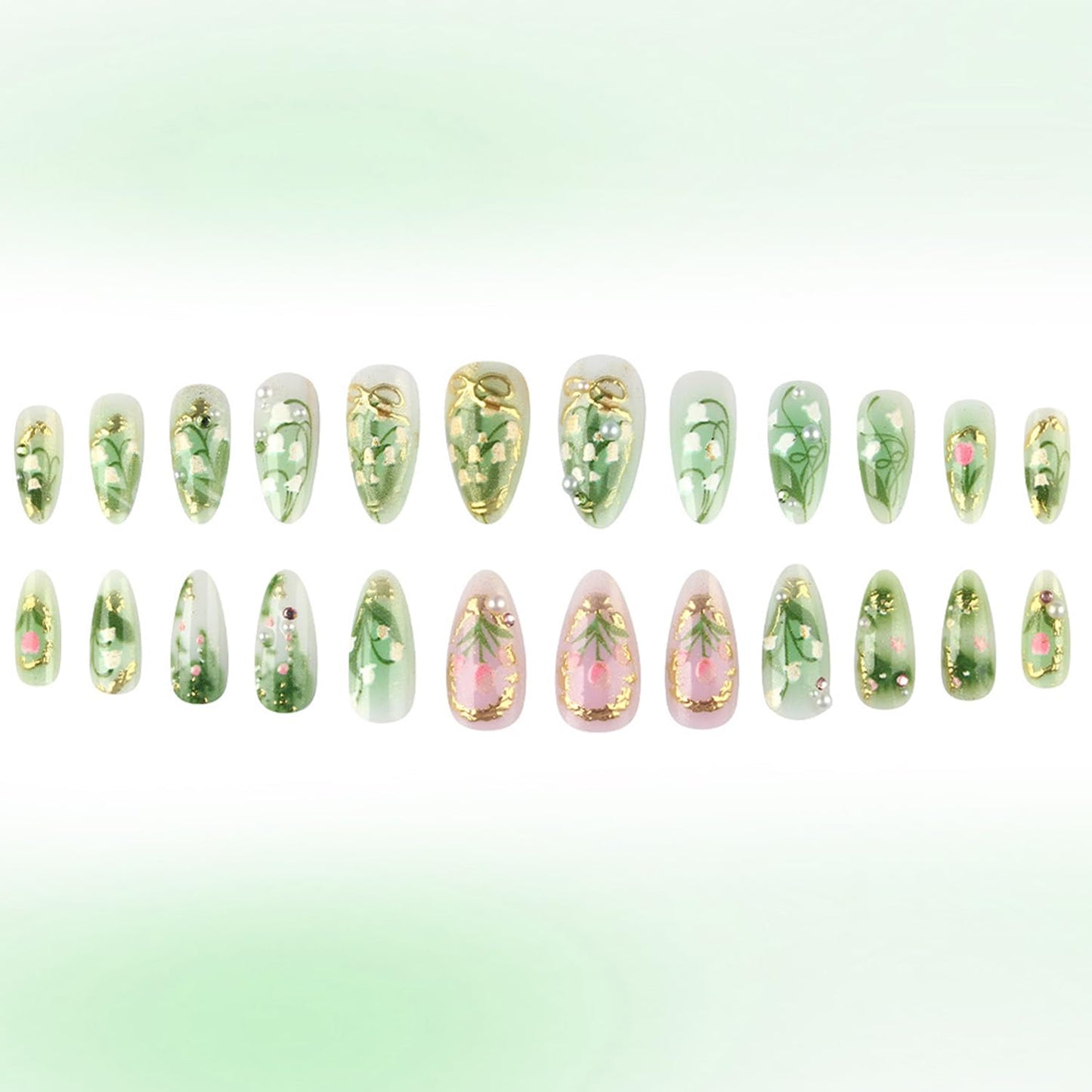 24Pcs Green Press on Nails Medium Almond Fake Nails with 3D Rhinestones Charms Handmade Nail Press ons Gradient Flower Plant Stick on Nails Almond Shape Acrylic Nails Artificial Nails for Daily Wear