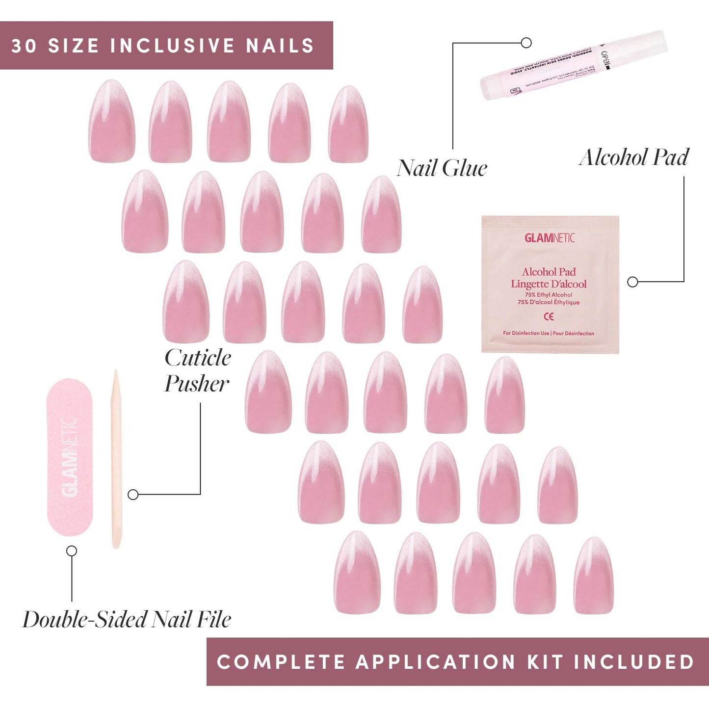 Glamnetic Press-On Nails - Lovers Blush | Pink Short Almond Fake Nails with Glossy Velvet Finish | 15 Sizes - 30 Nail Kit with Glue and Remover