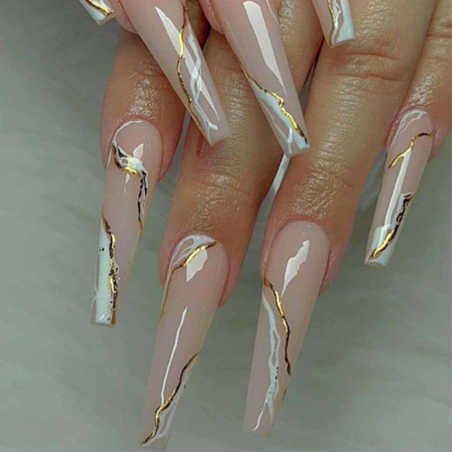 DANMANR Long Press on Nails Square French Fake Nails Full Cover Nude Acrylic False Nails for Women and Girls 24PCS (Gold Swirl)