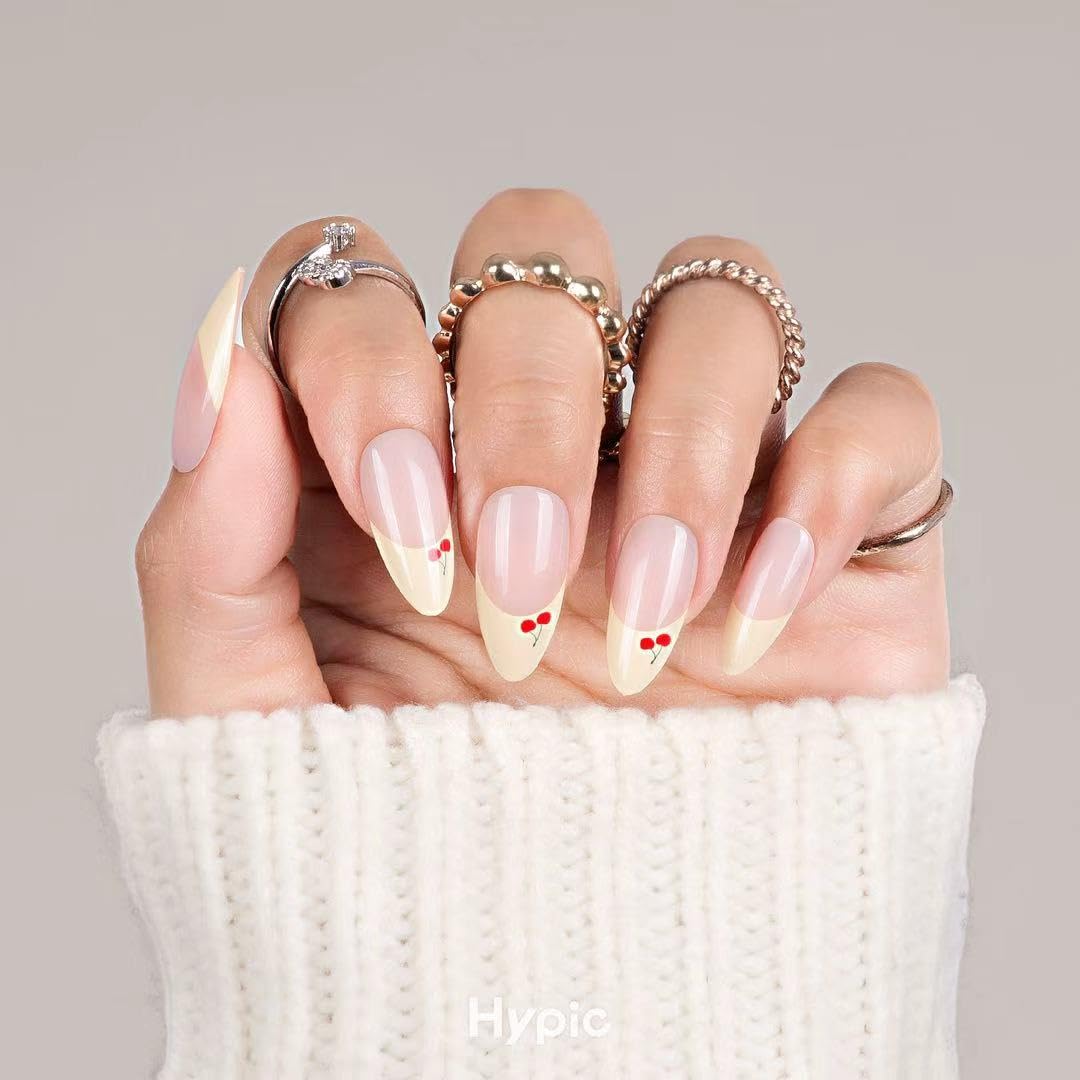 30Pcs Almond Press On Nails - Supremely Fit & Natural Soft Gel Almond Nails,15 Sizes, Reusable Fake Nails Kit with Gift Box for Women (French Yellow)
