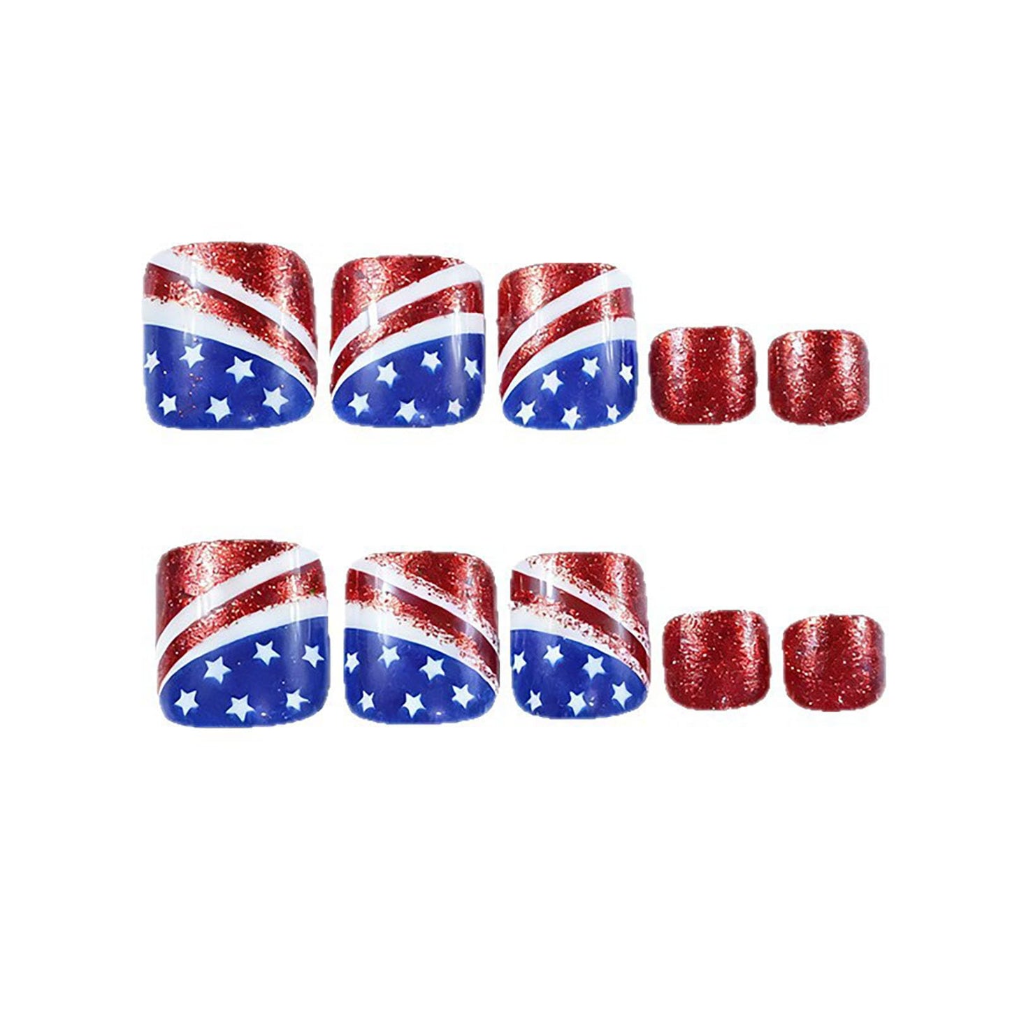 RUOKEXIN 4th of July Press on Toenails Short Square Fake Toenails with Glitter Designs 250th Anniversary USA Toe Nail Press ons Sparkly Artificial Nails for Women 24Pcs