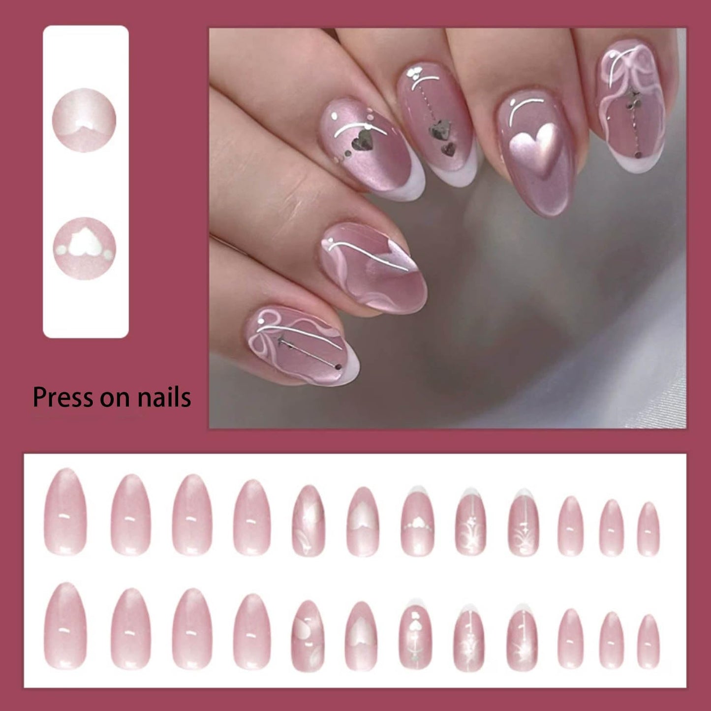 Hkanlre Almond Fake Nails Tips Shiny French Press on Nails Medium Full Cover Cat Eyes Pink False Heart Nails for Women 24PCS