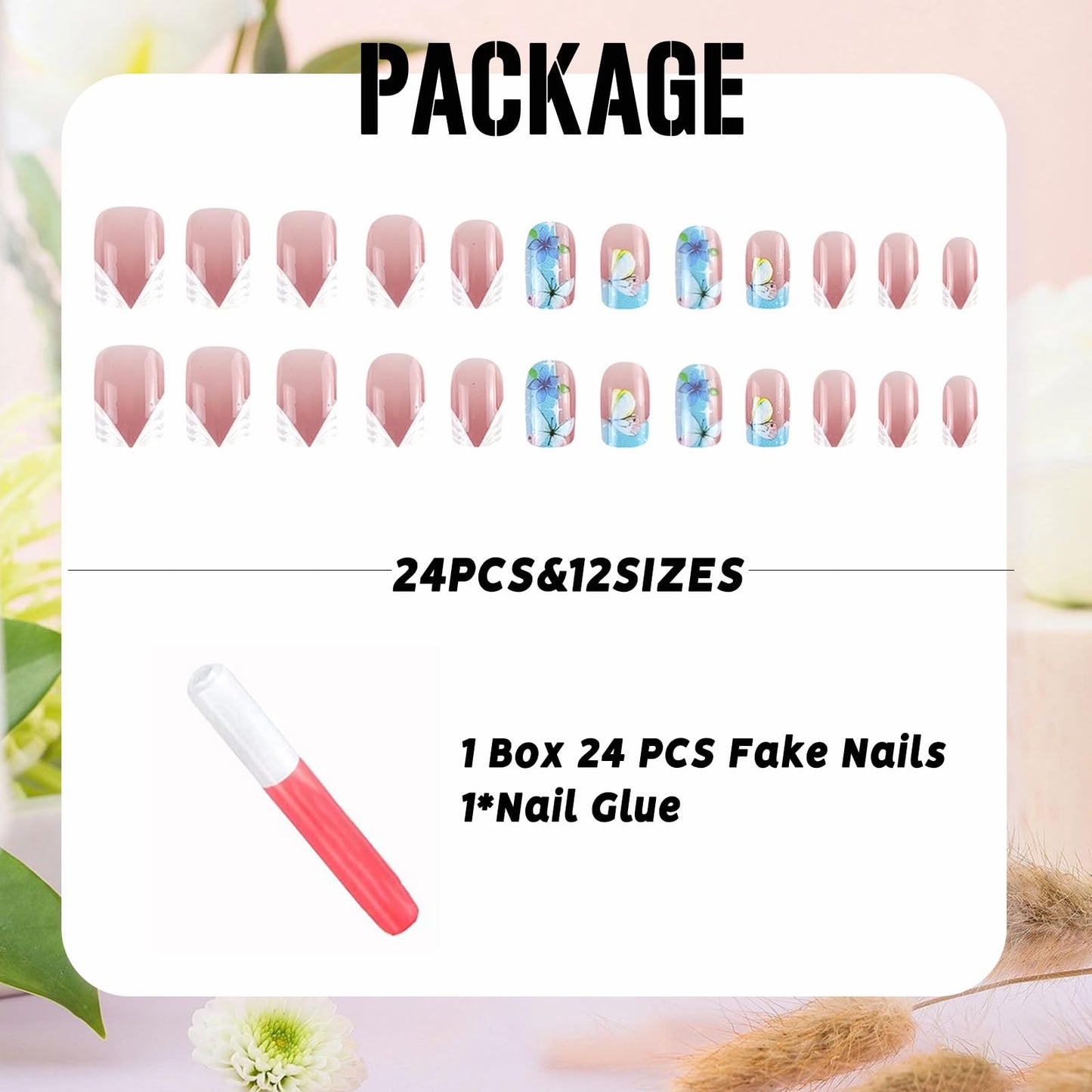 IMSOHOT Short Press on Nails Square White French Tips Fake Nails with Blue Butterfly Designs Full Cover Glossy Squoval False Nails Stick on Fingernails Gel Glue on Nails for Women Girls 24Pcs