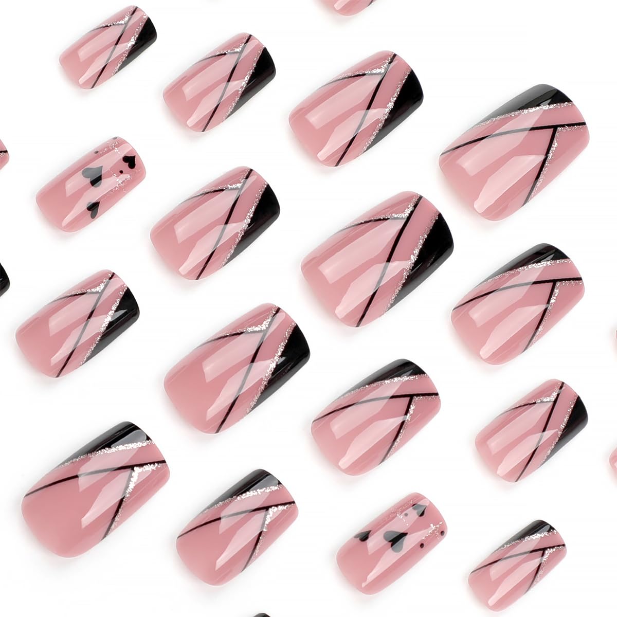 24Pcs Black French Tip Press on Nails Short Pink Fake Nails Square Shaped Heart Gold Glitter French Lines Designs Full Cover Glue on Nails Artificial Acrylic False Nails for Women Manicure Decoration