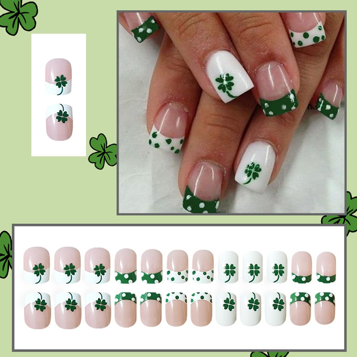 24Pcs St. Patrick's Day Press on Nails Short Square Polka Dots French Fake Nails with Four-Leaf Clover Designs White Nails Press ons Glossy Full Cover Nude Glue on Nails Stick on Nails for Women