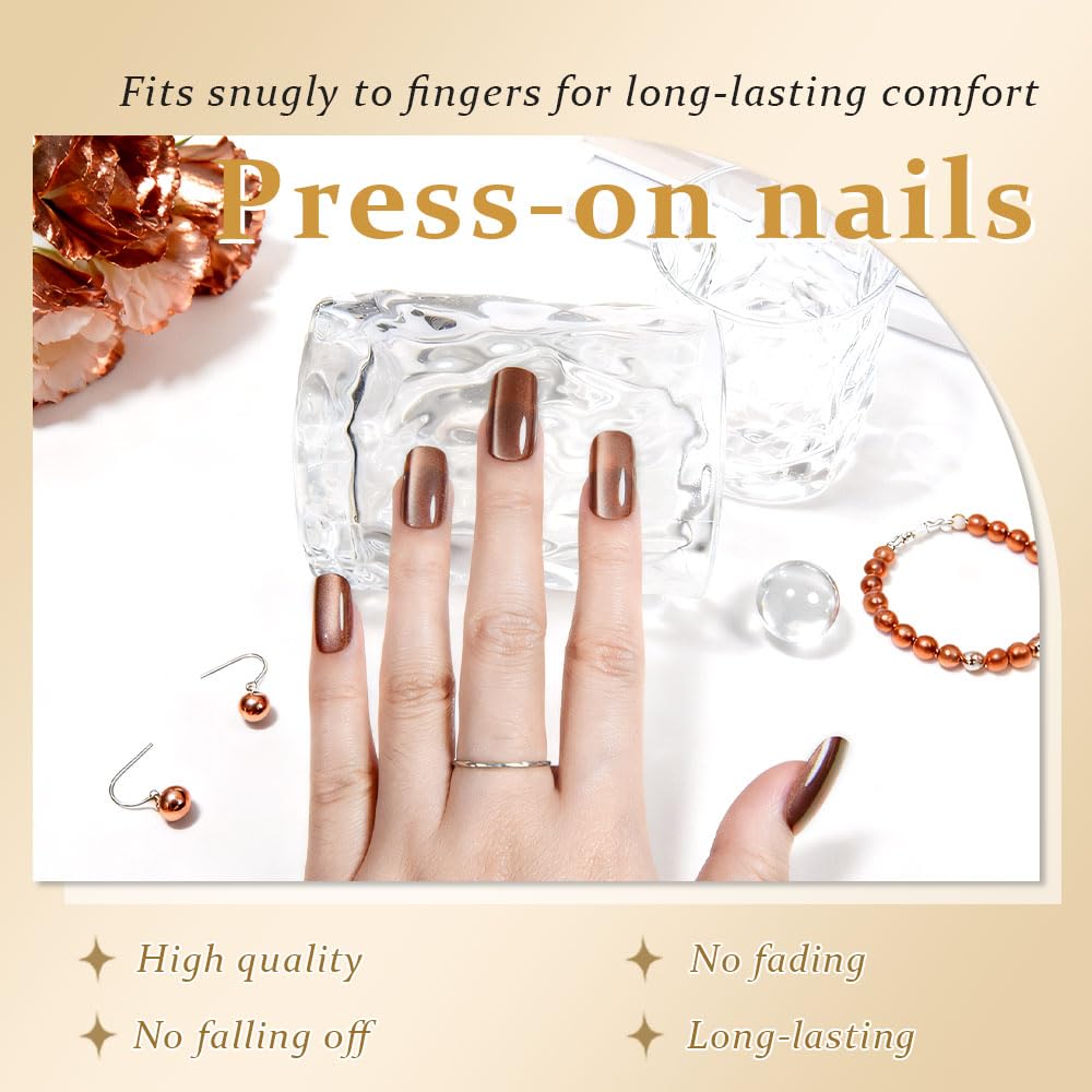 XZMeiLun Brown Press On Nails - Cat Eye Medium Square Magnetic Acrylic Fake Nails, Stylish Design, Salon-Quality Shiny Finish, Reusable Stick On Nails Kit for Women, Daily Wear (No Glue Included)