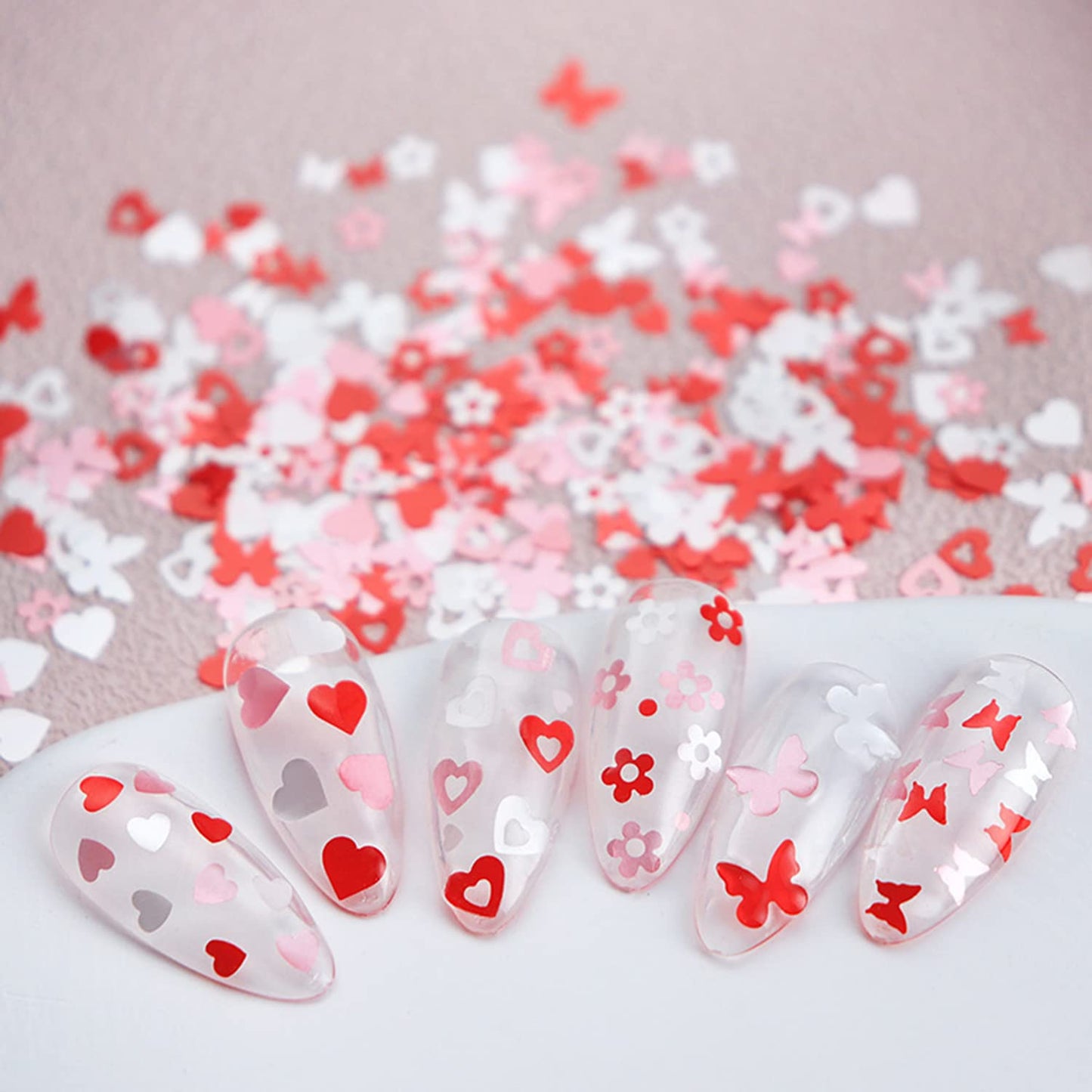 Nail Art Glitter Sequins, White and Pink 3D Glitter Flakes Designs, Love Heart Butterfly Flowers Sparkly Acrylic Nails Supplies for Women Girls Manicure Charms Decorations, DIY Resin Nail Art