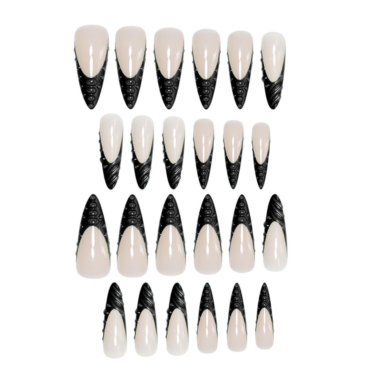 IMSOHOT Press on Nails - Long Stiletto Fake Nails Black French Tips False Nails with 3D Designs Full Cover Glossy Gel Handmade Glue on Nails Acrylic Nail Supplies