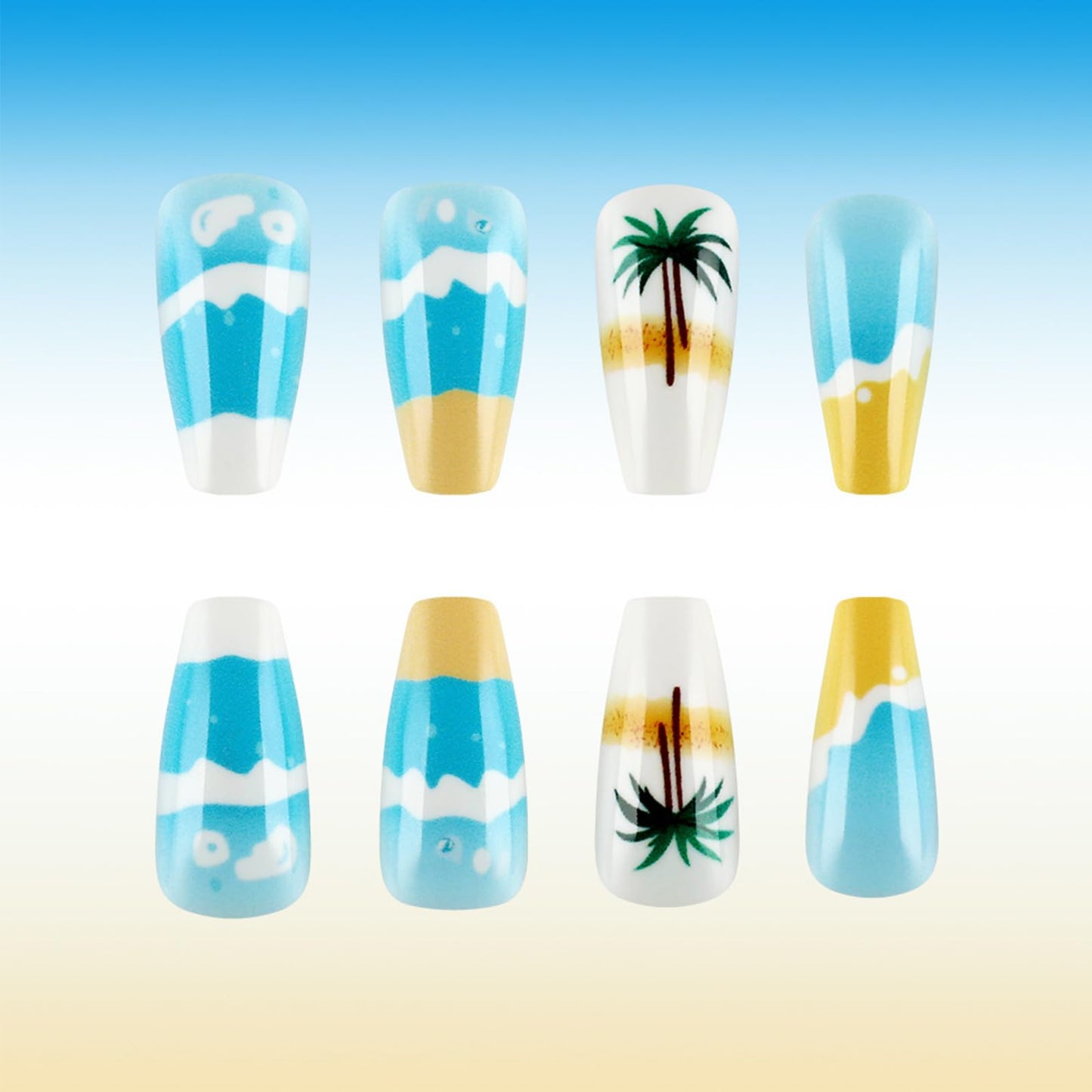 24Pcs Summer Sea Press on Nails Beach Acrylic Medium Coffin Fake Nail Coconut Palm Gel Glue on Nail Glossy White French Tips False Nails Curve Stick on Fingernails for Coquette Women Girls