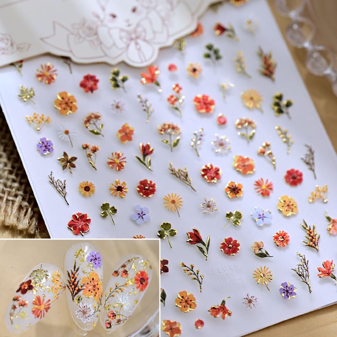 5D Embossed Flower Nail Art Stickers Decals Fall Nail Decals Self-Adhesive Autumn Floral Nail Supplies Nail Art Design for Women Girls Nail Decoration Accessories