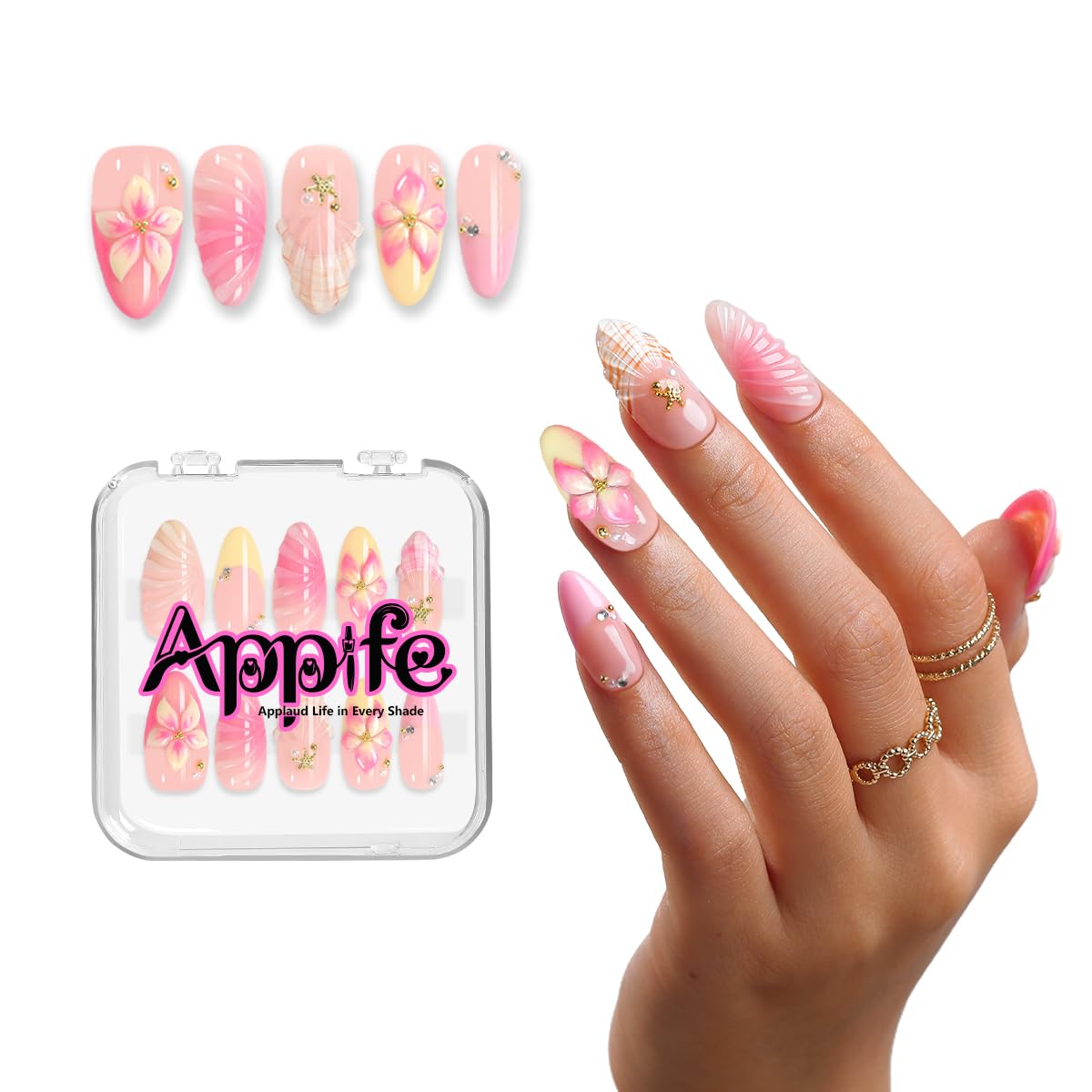 Pink Almond Press On Nails, Handmade 3D Jelly Flower Starfish & Pearl Design, Cute Sweet Summer Beach 10pcs Acrylic Nail Set, Glossy Reusable for Vacation, Holiday & Birthday - Appife