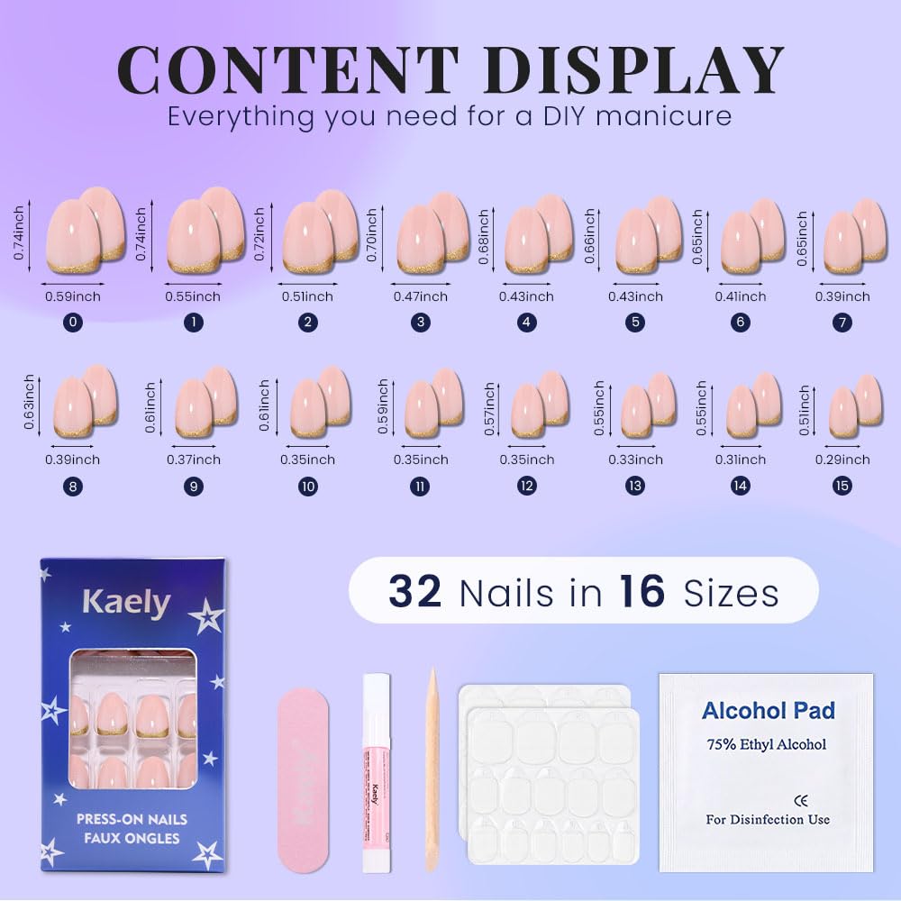 evpct Nude Pink French Press on Nails Short Oval, Short Gold Foil Stick on Nails for Women Gift,Nude Pink Glossy Fake Nail Reusable Soft Gel Press on Acrylic Fake Nail kit with Gold Line Design