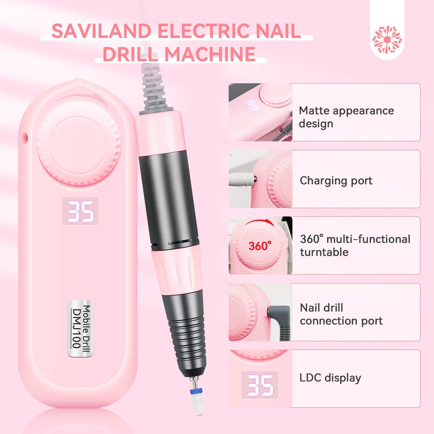 Saviland Electric Nail Drill: Professional Nail Drill Machine 35000PRM Rechargeable Nail D rill Kit for Acrylic/Gel Nails Removal Portable Nail Flie Manicure Pedicure Kit for Salon Home DIY