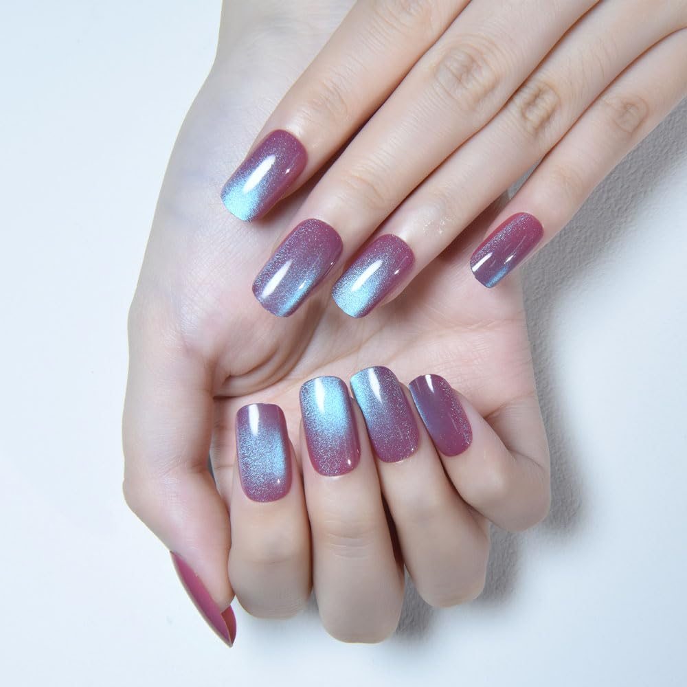 XZMeiLun Purple Reflective Blue Press On Nails - Cat Eye Medium Square Magnetic Acrylic Fake Nails, Stylish Design, Salon-Quality Shiny Finish, Reusable Stick On Nails Kit for Women (No Glue Included)