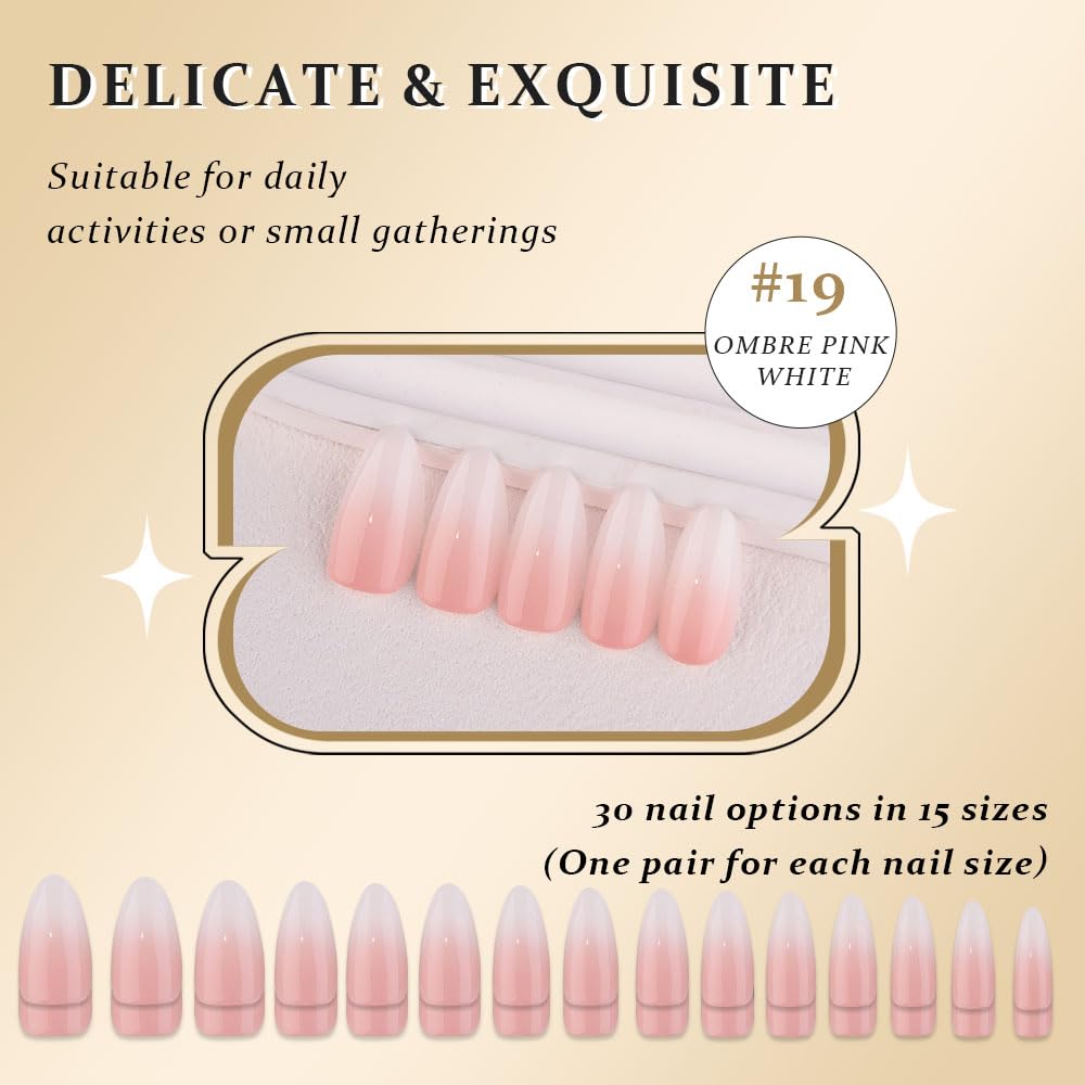 Ombre Pink to White Press on Nails Medium Almond, Medium Almond Glossy Stick on Nails Press on for Women with Manicure Kit, Reusable Acrylic Soft Gel Stick on Fake Nail with Ombre Design Perfectly Fit