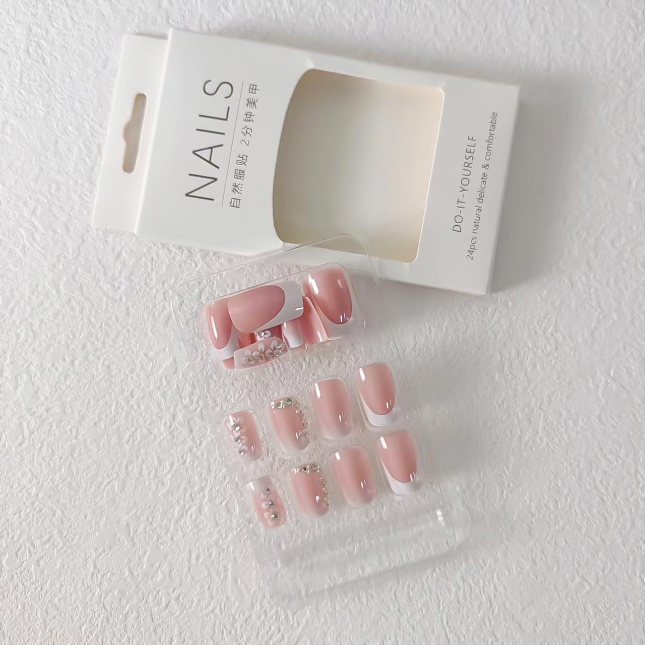 Rilafuvu Press on Nails Medium French Tip Full Cover Nails Square Press Ons Pink Press-on Nails with Flower Designs Acrylic Stick on Nails Gift for Women and Girls Decorations 24pcs (white&Pink)
