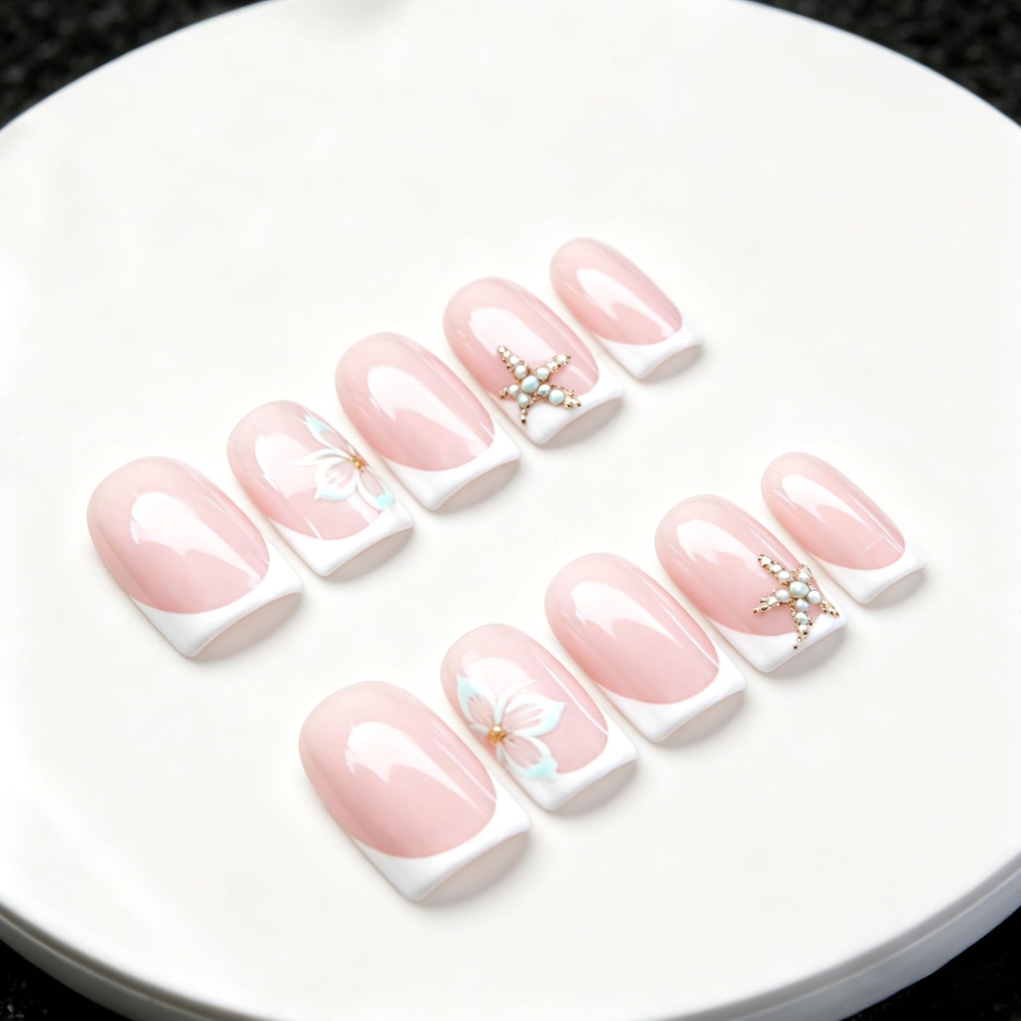 Summer Press on Nails Muti-Layer Gel Thick Handmade Press on Nails Short Square White French Tip Acrylic Nails Beach Starfish Fake Nail Designs Full Cover Ocean False Nail for Women (M)