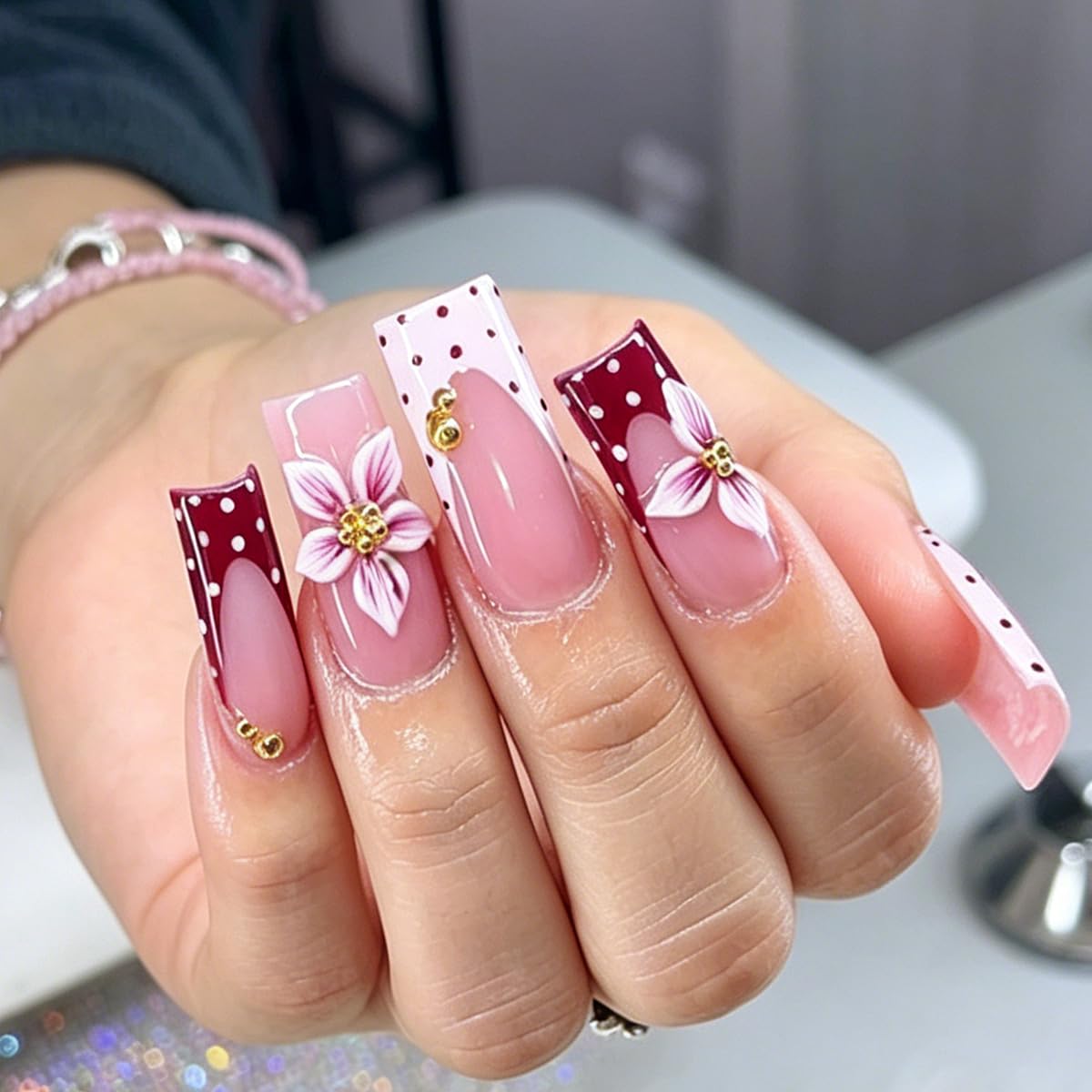 Polka Dot Press on Nails French Tip Fake Nails Long Square Nails Press ons with Flower & 3D Gold Pearl Design Glossy Nude Pink Nail Full Cover Acrylic Glue on Nails for Women Manicure 24Pcs