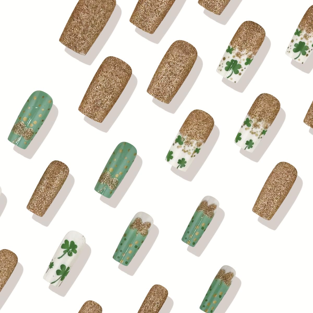 St. Patrick's Day Press on Nails Medium Coffin Fake Nails with Green Gold Shamrocks Design Full Cover Gold Glitter Glossy Acrylic Nails for Women DIY Manicure Saint Patrick's Day Nail Decor 24Pcs