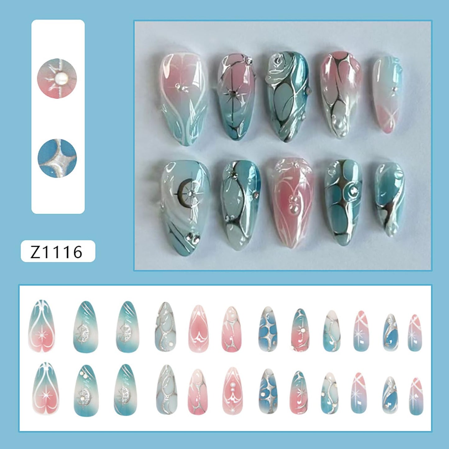 EYZOTSF Press on Almond Nails Medium Length Glossy Full Cover Acrylic Almond Shaped False Nails with Designs Artificial Fake Nail with Charms Glue Stick ons Fingernails for Women Girls(Z1116)