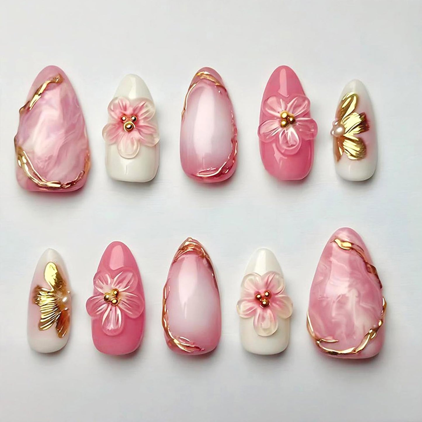 30pcs Red Gradient Flower Press on Nails Set, French Tip Fake Nail with Flower Designs Cute Floral Glue on Nails Gold French False Nail Tips Almond Stick on Nails Removable Acrylic Nail Kit for Women