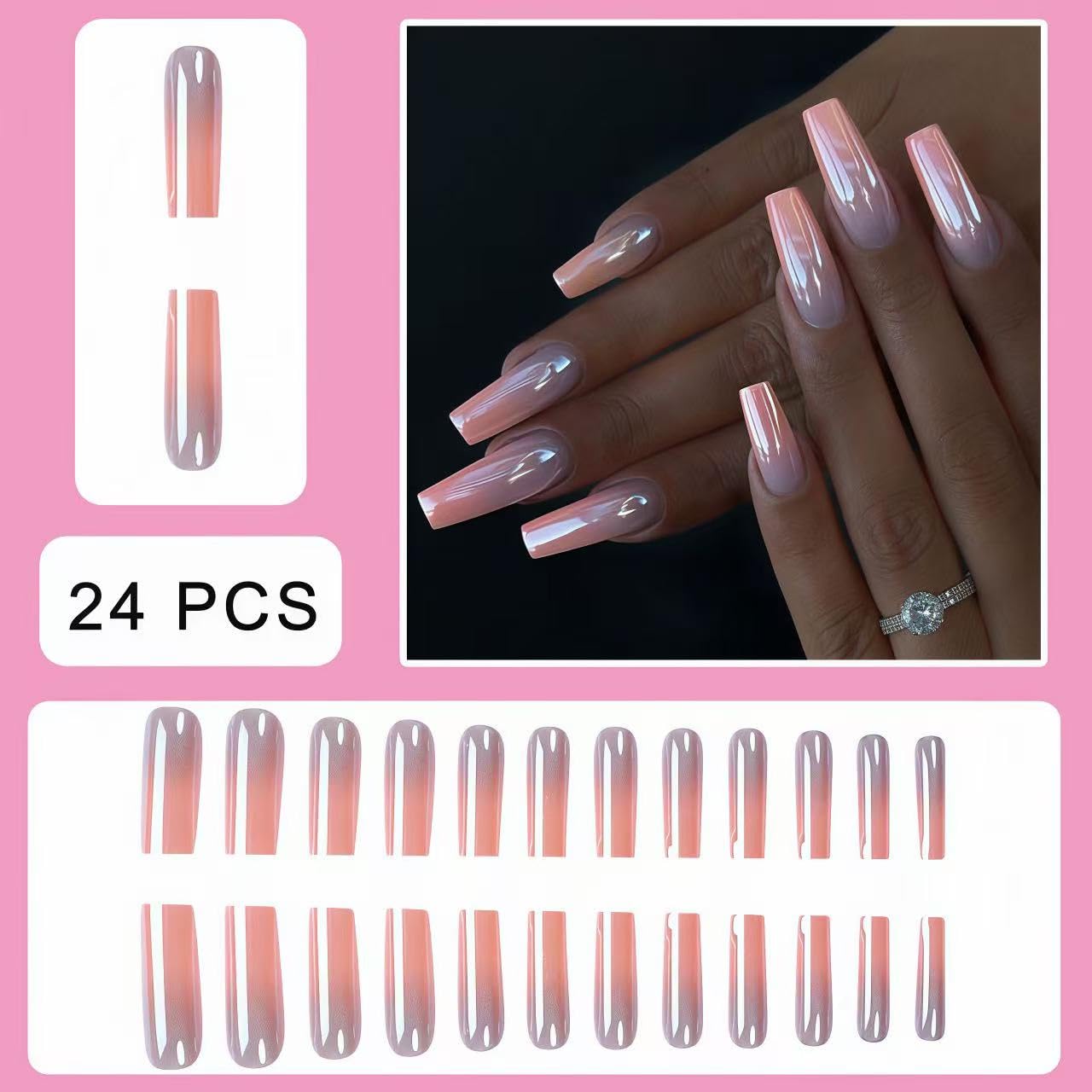 SHIQIXIANNV Pink Electroplated Press on Nails Long Coffin Fake Nails Metallic False Nail Design Full Cover Pink Gradient Chrome Glossy Acrylic Nails for Women and Girls DIY Manicure Decoration 24Pcs