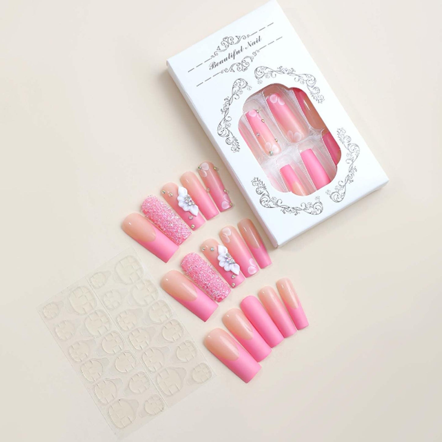 YoYoee Long Rose Nails Tips Glitter French False Nails Square Press on Nails Daisy Full Cover Ballerina Fake Nails for Women and Girls 24PCS