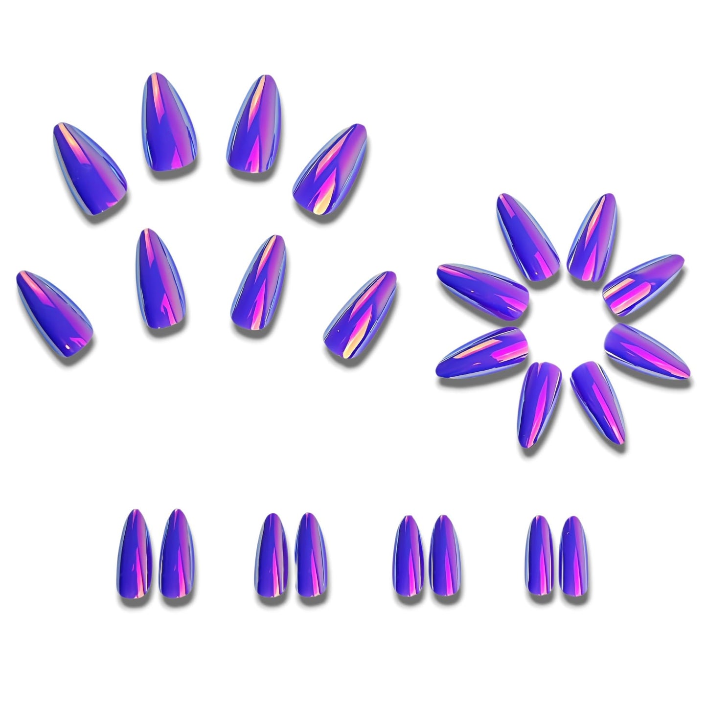 Purple Aurora Electroplating Chrome Press on Nails Medium Almond Fake Nails Purple Chrome False Nails Metal Mirror Acrylic Stick on for Women Girls Manicure Decoration 24Pcs