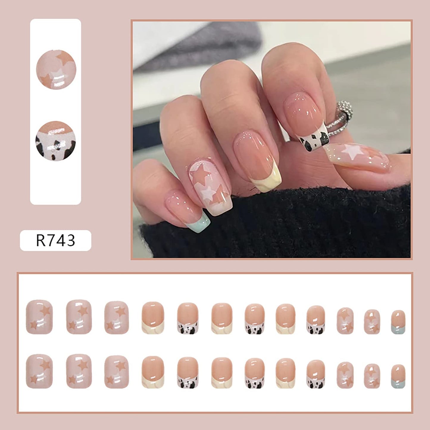 Glue on Nail Short Square Length, 24Pcs Full Cover Reusable False Nails, Press on Nails with French Leopard Designs Artificial Coffin Acrylic Fake Nails for Women Stick on Nails with Charm Decorations