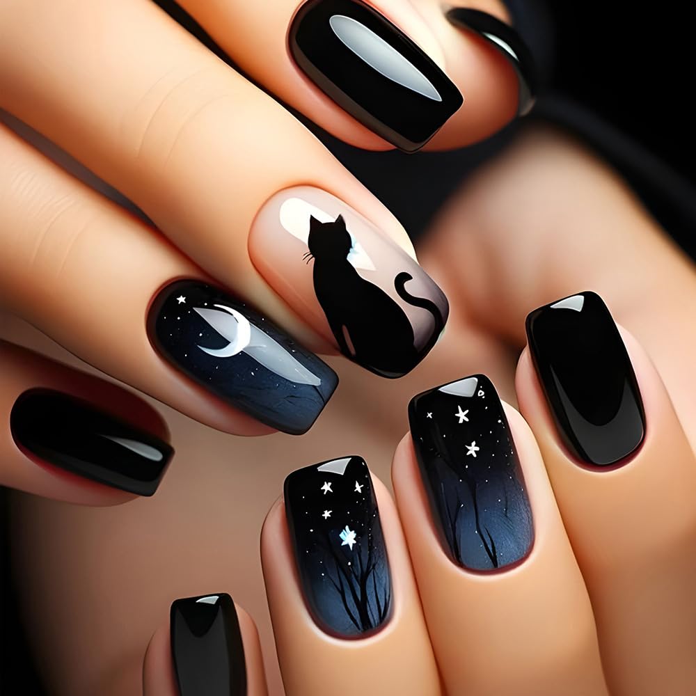 Halloween Press on Nails Square Starry Sky Nails Press ons Black Cat Acrylic Fake Nails with Designs Full Cover Halloween Glue on Nail Medium Length Reusable False Nails for Women