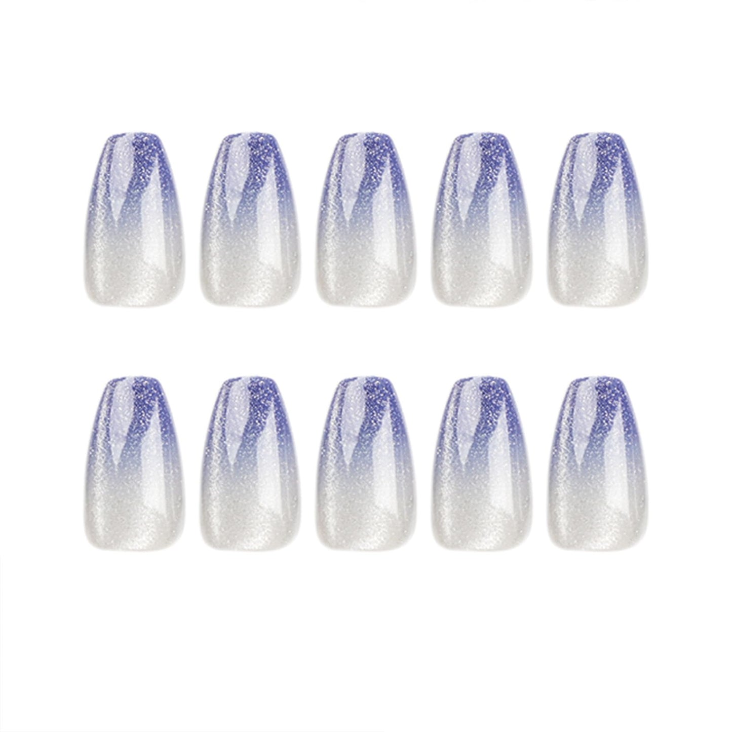 SINHOT Medium Coffin Press On Nails - Glossy Blue Ombre Acrylic Ballerina Artificial Nails With Bling Cat Eye Design - 24 Pcs