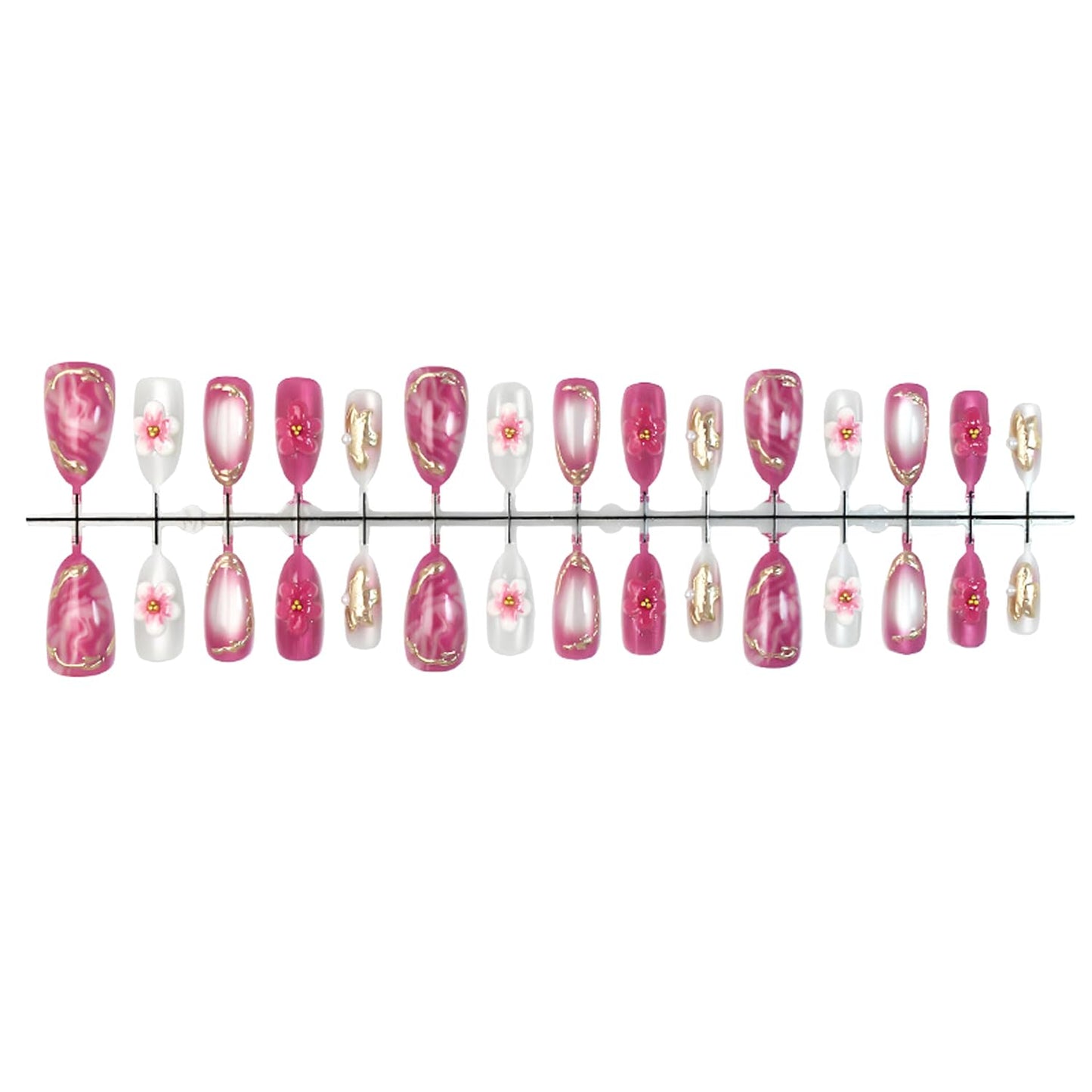 30pcs Red Gradient Flower Press on Nails Set, French Tip Fake Nail with Flower Designs Cute Floral Glue on Nails Gold French False Nail Tips Almond Stick on Nails Removable Acrylic Nail Kit for Women