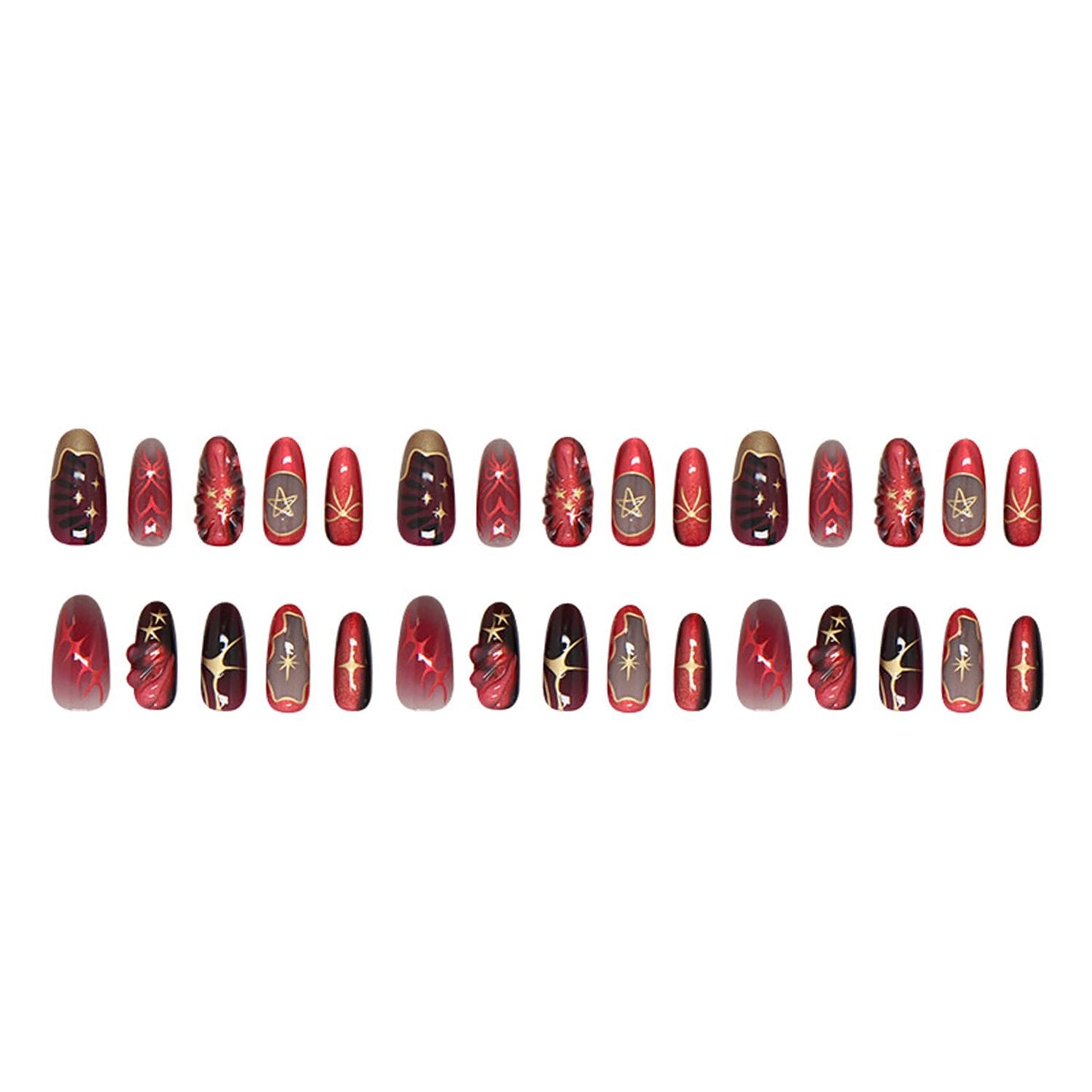 30Pcs Red Press on Nails Charms Medium Almond Fake Nails Stars Pattern French Nails Glossy Wine Red Acrylic False Nails Full Cover Stick on Nail Artificial Manicure for Women Daily Wear
