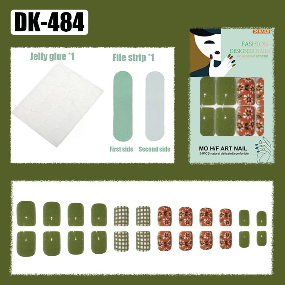 Flower Press on Nails Short Square Fake Nails with White Floral Design Glossy Green Glue on Nails Checkered Nails Press ons Reusable Full Cover Spring Summer Acrylic Nails for Women Manicure 24Pcs