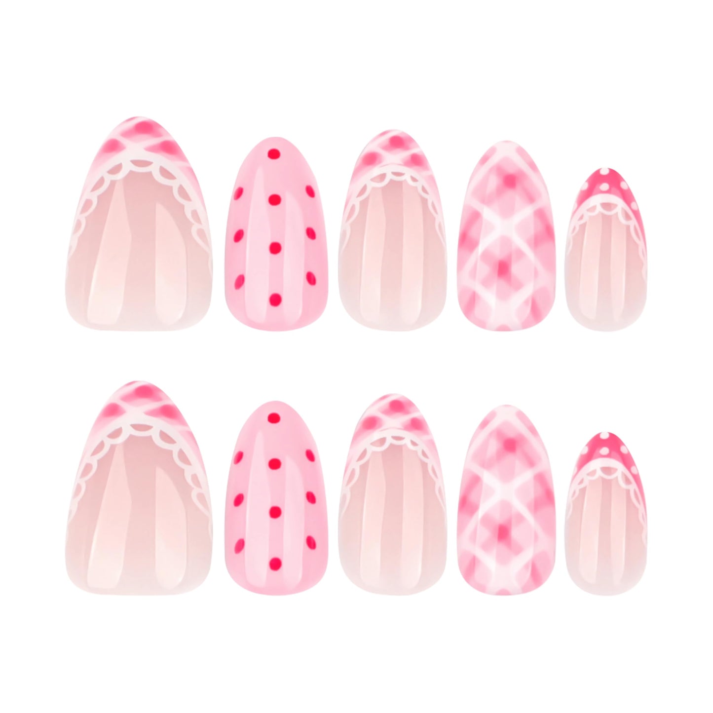 BABALAL Press On Nails, Short Almond Fake Nails, Pink Polka Dot & Plaid Lace Design, Glossy Kawaii Glue On Nails For Women And Girls Kids 24Pcs