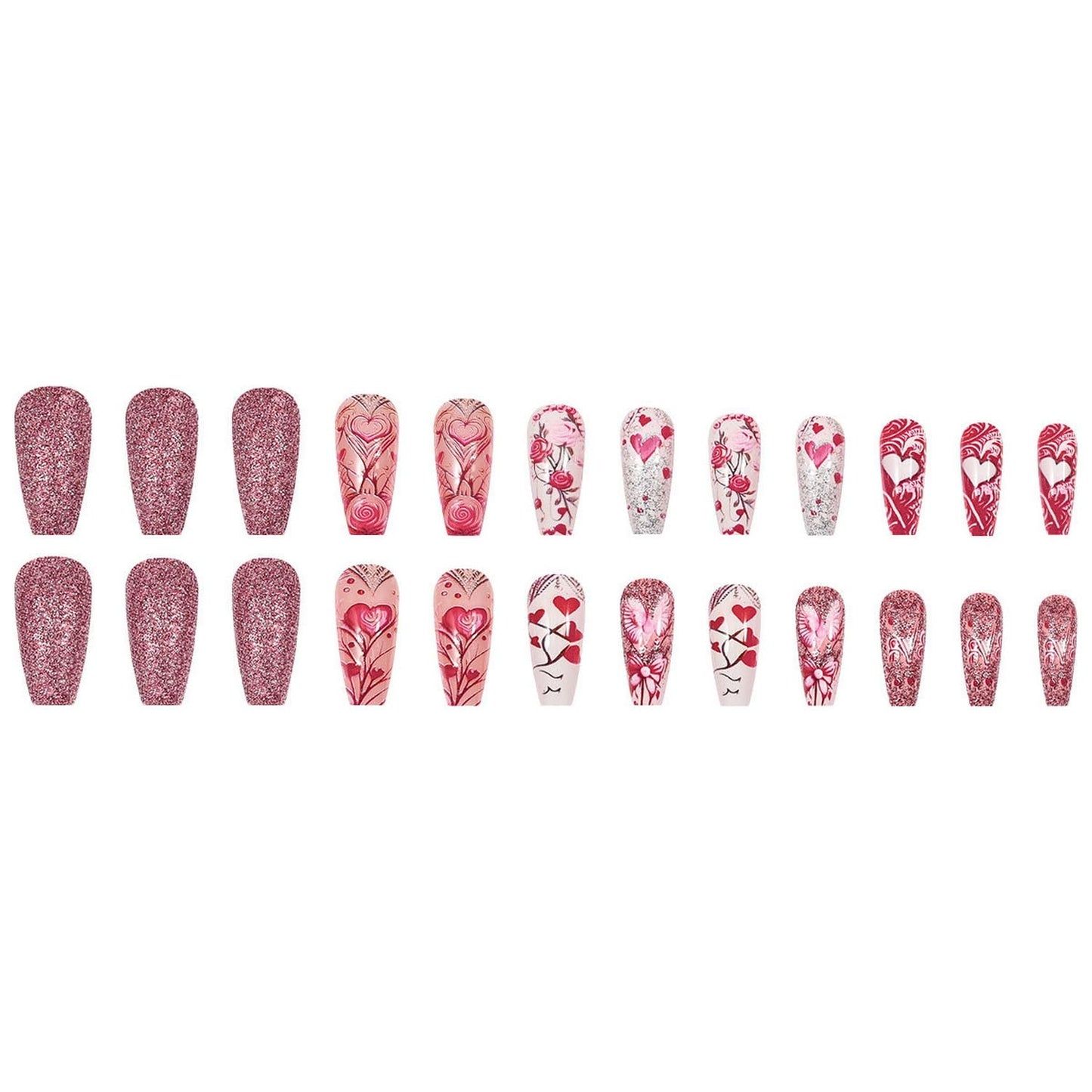 Valentine's Day Press on Nail Long Coffin Fake Nails with designs Pink Press ones Full Cover Hearts Stick on Nail Glitter Acrylic False Nails Reusable Glue on Nails for Women Romantic Manicure24pcs
