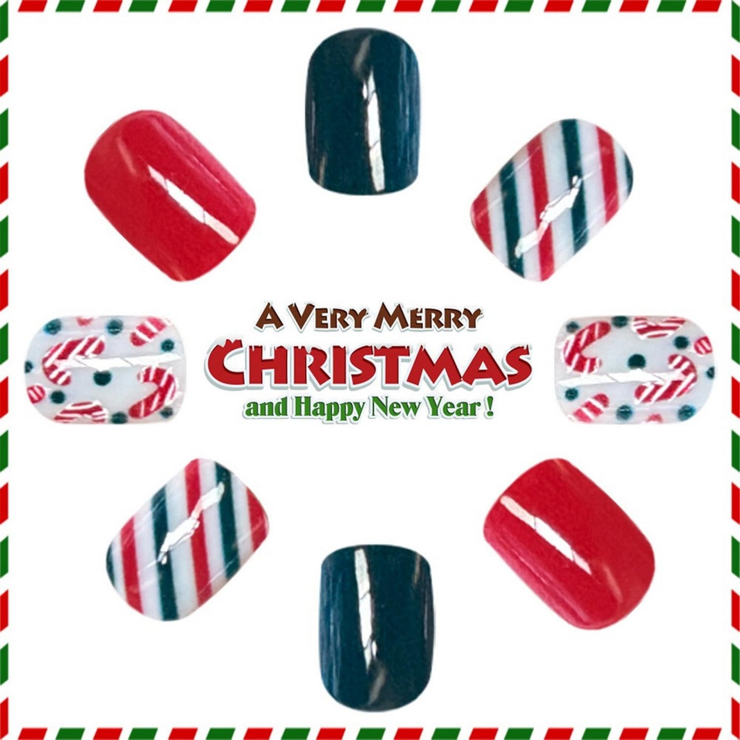 24 Pcs Christmas Press on Nails Short Square Fake Nails with Crutch and Candy Reusable Christmas False Nails with Red and Green Stripes Design Xmas Acrylic Nail for Women Manicure Decoration