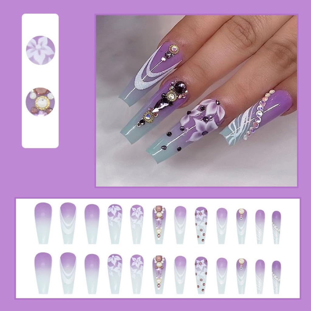 CTTHNBD Press-On Coffin Purple Ombre False Nails with Flower Design - Glue-On Ballerina Acrylic Rhinestone Full Cover Stick-On Artificial Nails - 24Pcs