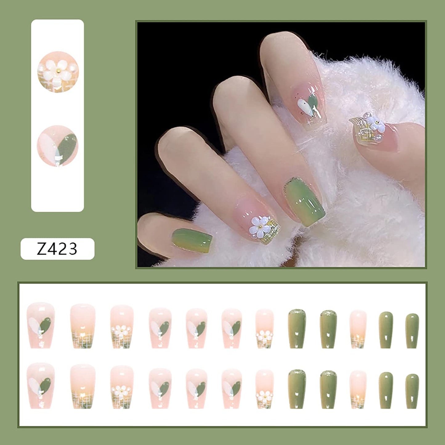 24Pcs Full Cover Reusable Coffin Nails, Press on Square Medium Length, Artificial Acrylic With 3D White Flower Designs, Women Glue on Set, Stick on for Nail Art