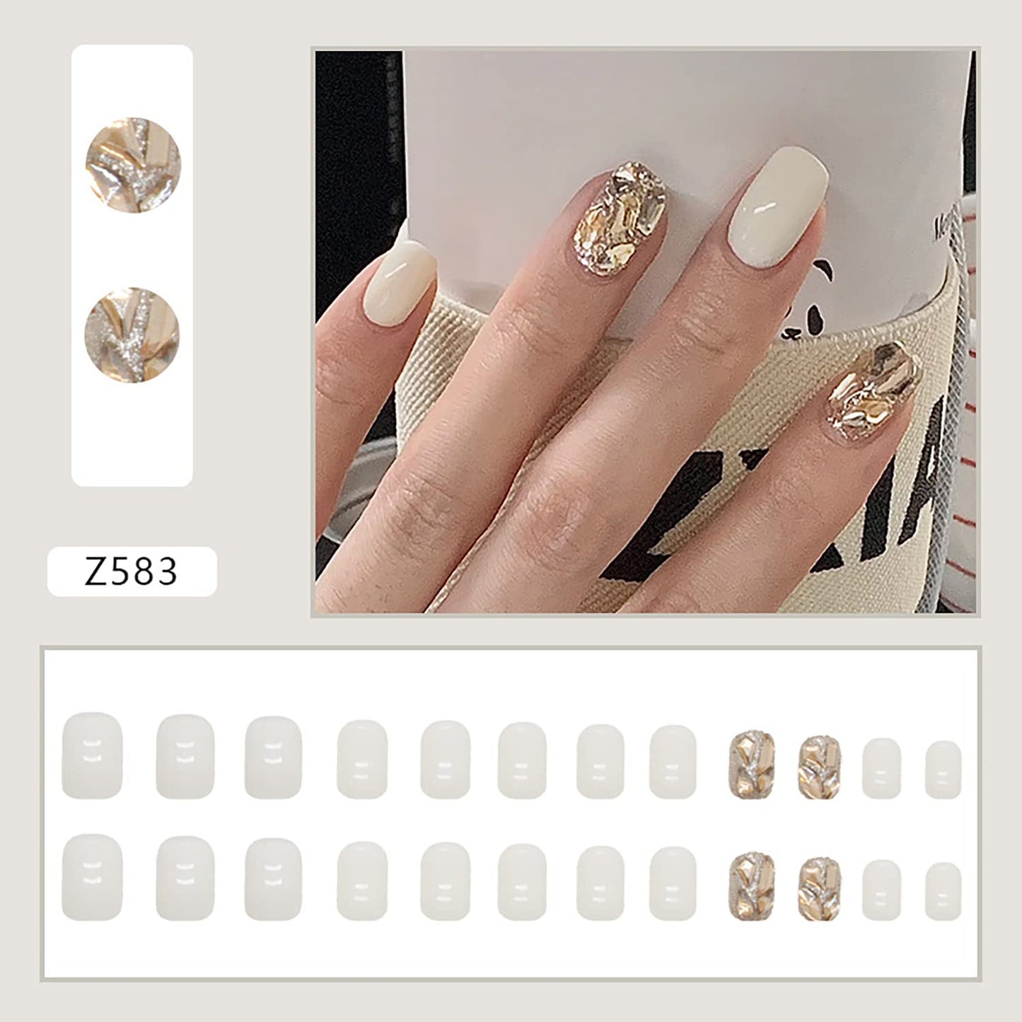 Press on Nail Short Square Length, 24Pcs Full Cover Reusable False Nails Kits, Glue On Nails with Rhinestone Designs, Artificial Fingernails Acrylic Fake Nails for Women, Stick on Nails Coffin Shape
