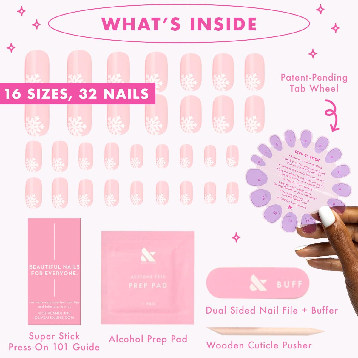Olive & June Classic Super Stick Mani Press On Nails | No Glue Needed | 32 Tab Nails 16 Sizes | Non-Toxic Tabs Easy On-Off Non-Damaging Realist Look | 7-Day Wear | Short, Squoval | Large Snowflakes