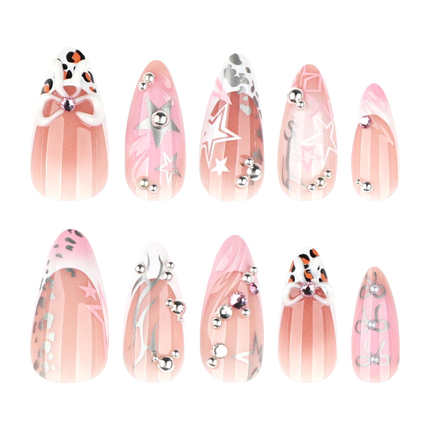 24Pcs Leopard Print French Tip Press on Nails Short Almond Fake Nails with 3D Rhinestone Design Star Bow False Nails Nude Glossy Full Cover Y2K Stars Bow-Knot Artificial Stick on Nails for Women