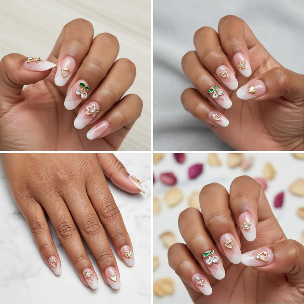 Pizadix 96PCS Gold Nail Charms Kit, 12 Styles 3D Alloy Rhinestones (Hearts/Stars/Leaves & Geometric), 12-Grid Organizer Box & Tweezer, for Gel, Acrylic & Press-On Nails
